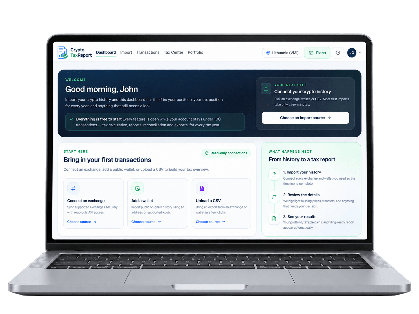 Dashboard showing how to import your first transactions