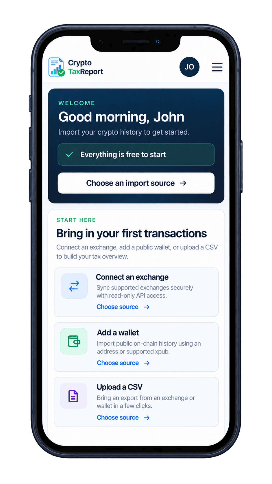 Mobile preview of the dashboard and import options
